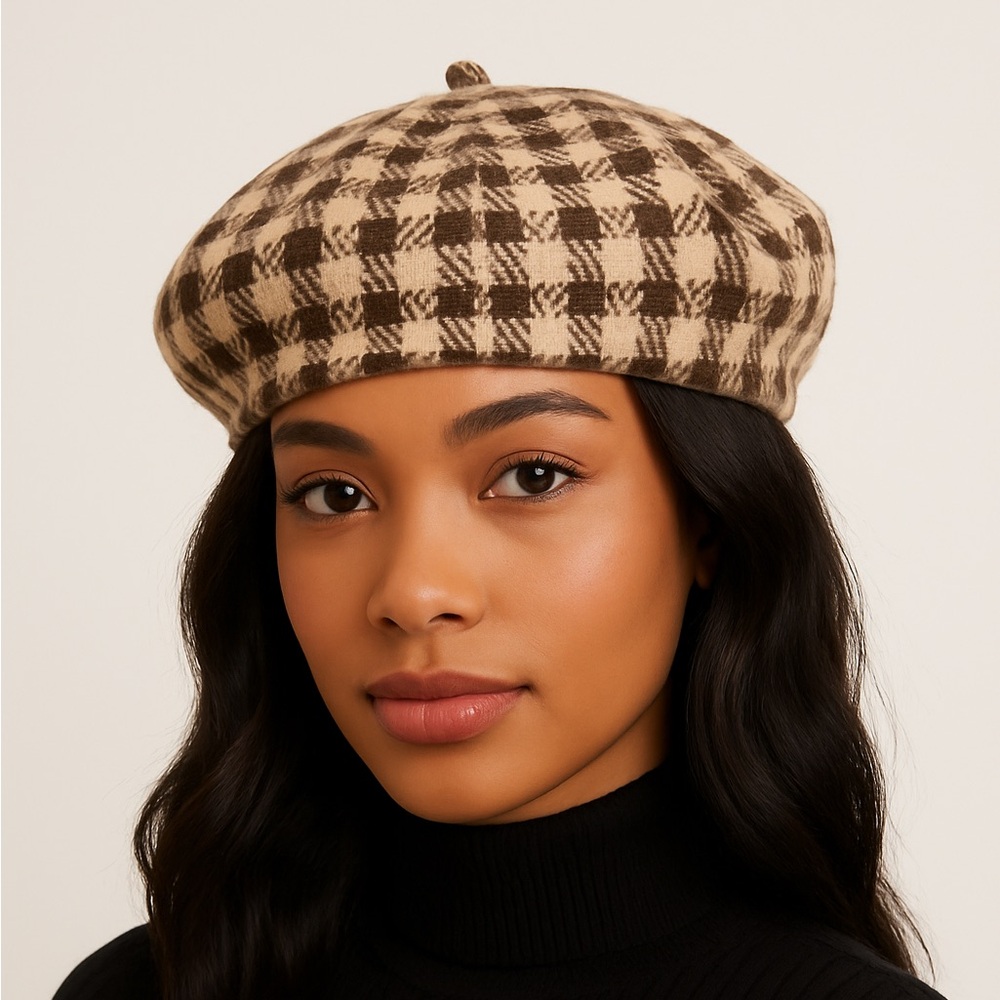 Brown & Beige Plaid Beret Hat – Classic Checkered Winter Accessory